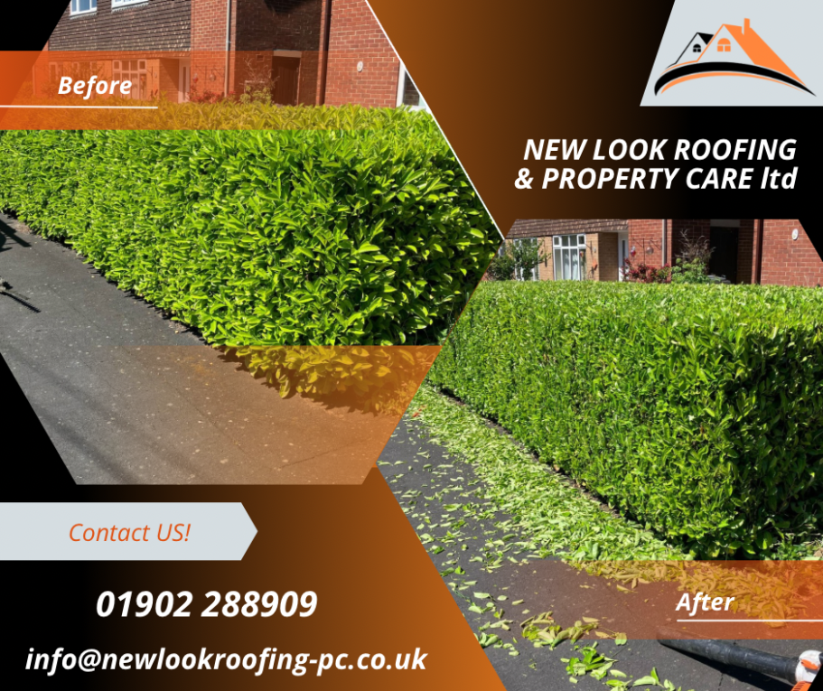 Before and after images of a neatly trimmed hedge beside a brick property.